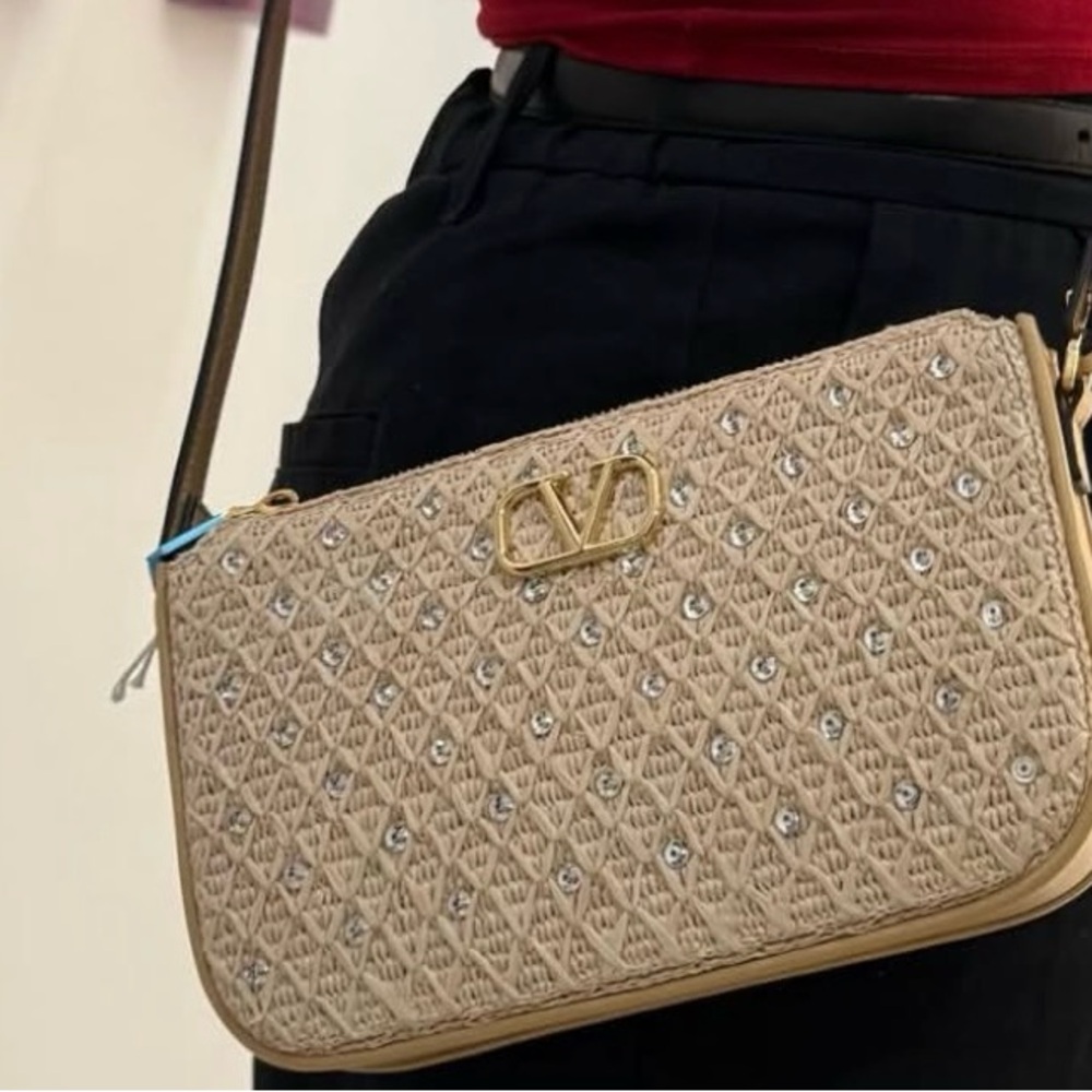 Valentino Beige Crossbody Bag Vlogo embellished faux raffia - Picture 8 of 16